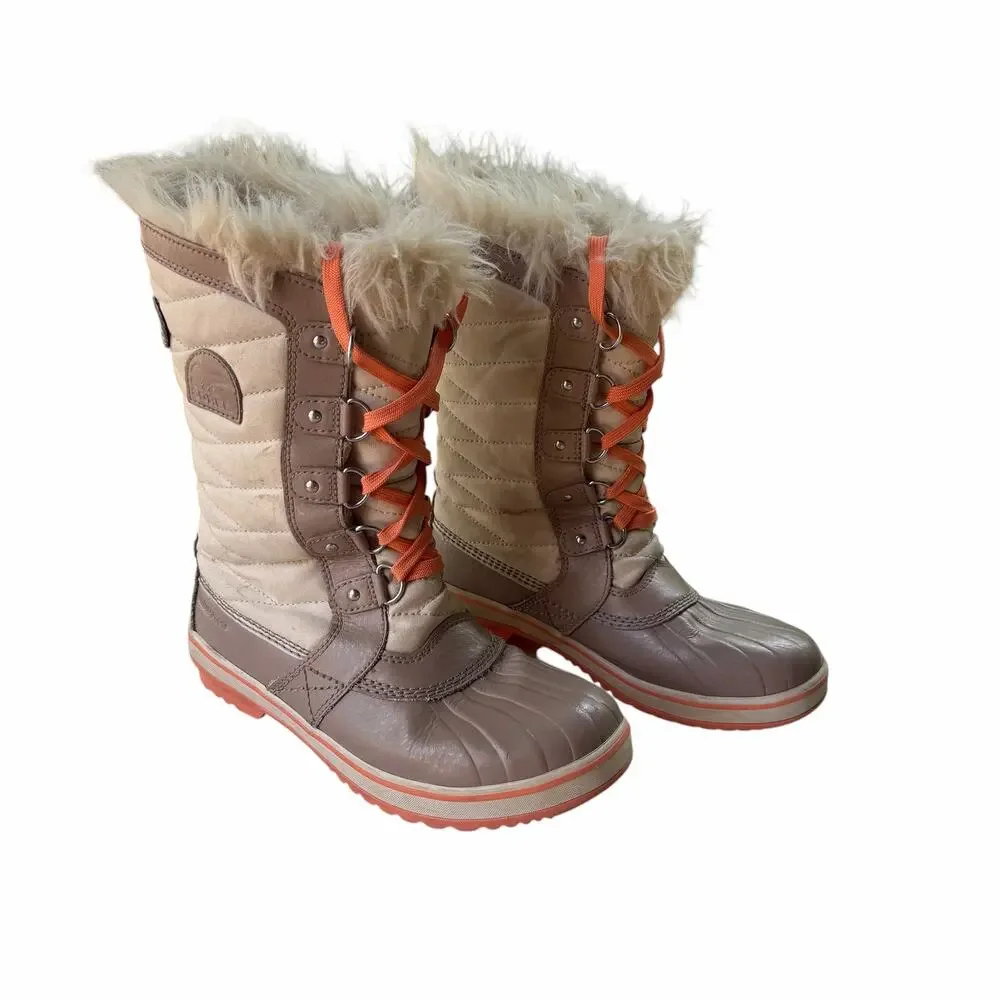 Sorel Tofino II Quilted Waterproof Winter Snow Boots Size 7 Beige Brown Faux Fur